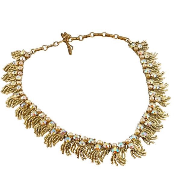 Coro Aurora Borealis Choker Necklace from 1950's with Faux Pearls - Picture 3 of 8